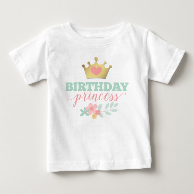Camiseta Para Bebê Coroa Dourada de Princesa de Aniversário & Floral  (Frente)