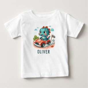 Camiseta Para Bebê Corredor Bonito Dino Dirigindo um Carro Esportivo