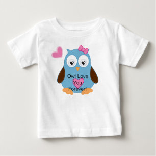Camiseta Para Bebê Coruja azul bonito com corações cor-de-rosa