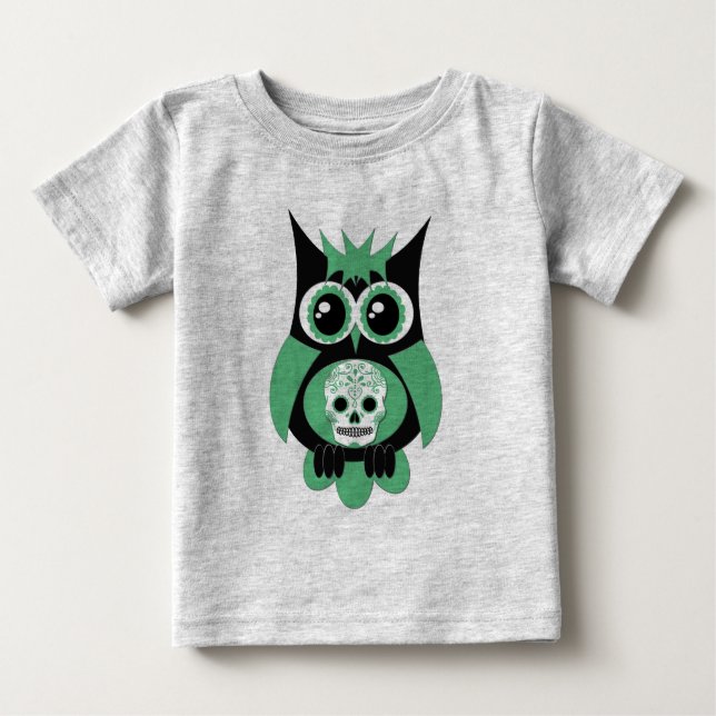 Camiseta Para Bebê Coruja de Crânio Verde (Frente)