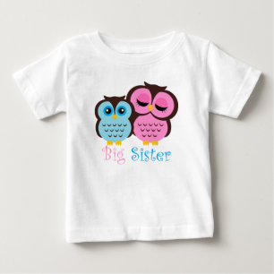 Camiseta Para Bebê Coruja rosa-branca e coruja-azul Irmãozinho Irmãoz