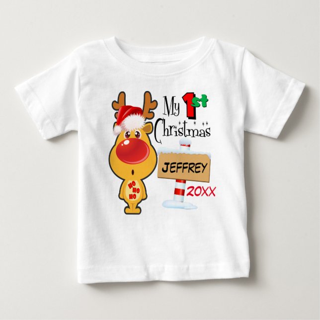 Camiseta Para Bebê Costume da rena do Natal do bebê primeiro (Frente)