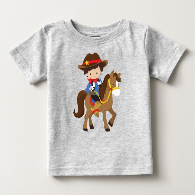 Camiseta Para Bebê Cowboy, Xerife, Cavalo, Faroeste, Cabelo Castanho (Frente)