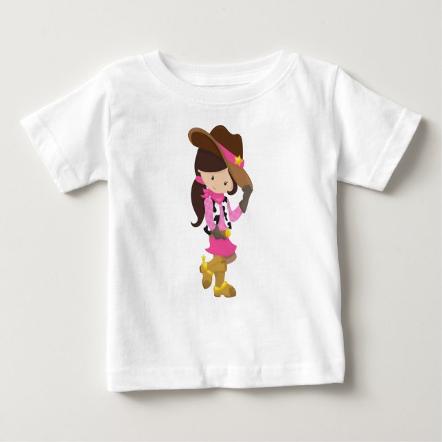 Camiseta Para Bebê Cowgirl, Xerife, Western, País, Cabelo Castanho (Frente)