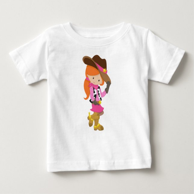 Camiseta Para Bebê Cowgirl, Xerife, Western, País, Cabelo Laranja (Frente)