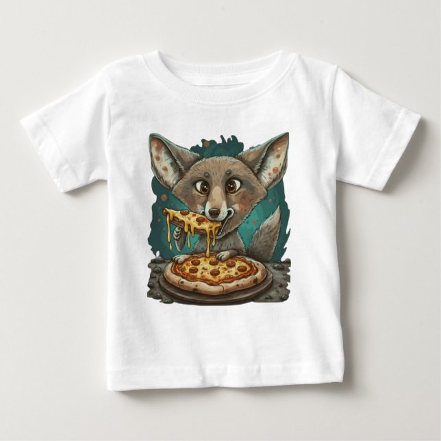 Camiseta Para Bebê Coyote engraçado comendo pizza (Frente)