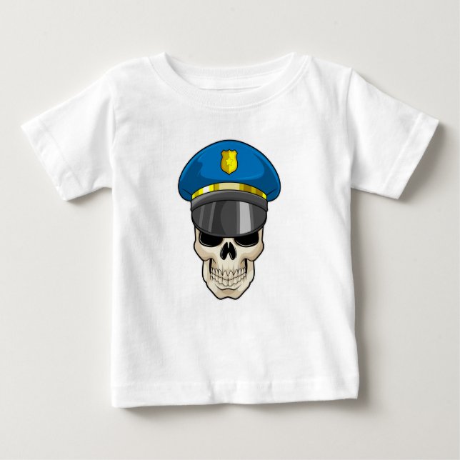 Camiseta Para Bebê Crânio como policial com chapéu policial (Frente)
