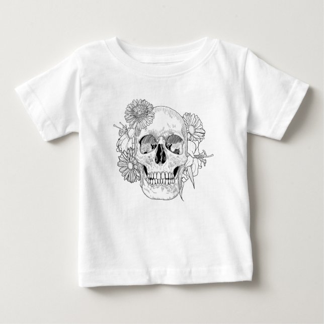 Camiseta Para Bebê Crânio e flores inspirados (Frente)
