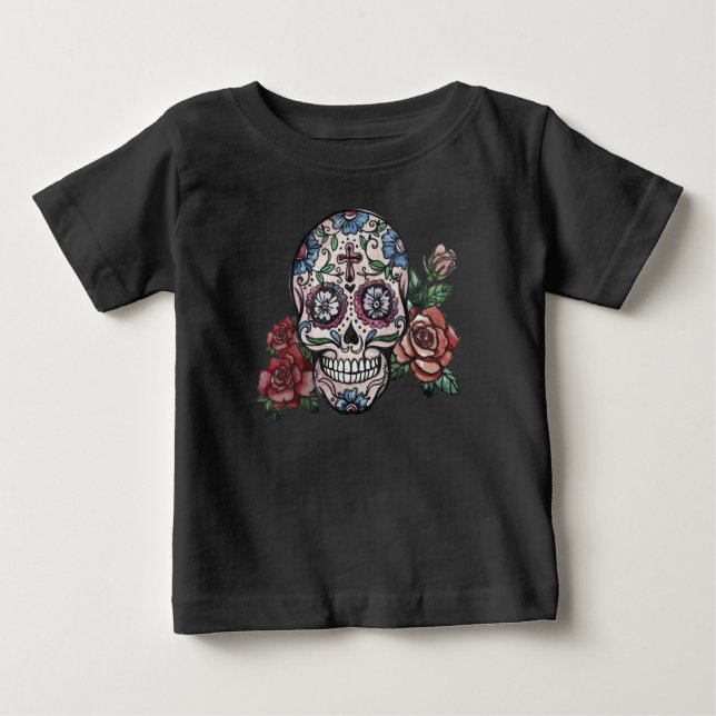 Camiseta Para Bebê Crânio Floral desenhado à mão Dia de los Muertos | (Frente)