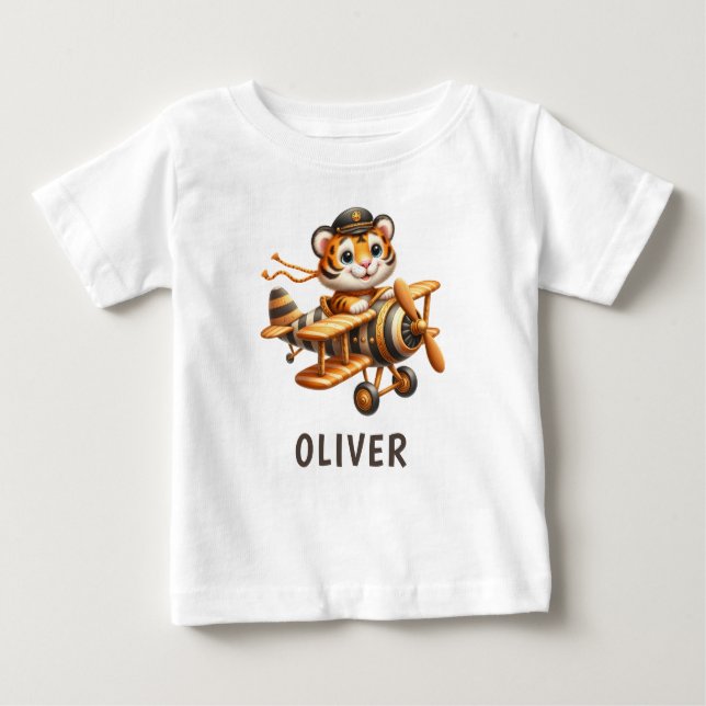 Camiseta Para Bebê Criança de Tigre Voadora Bestial em um Avião (Frente)