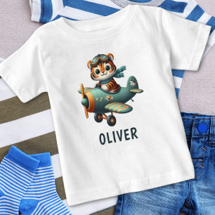 Camiseta Para Bebê Criança Fofa de Tigre Pilotando Avião Personalizad