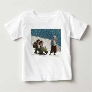 Camiseta Para Bebê Crianças Antigas Descendo de Trenó Natal Inverno