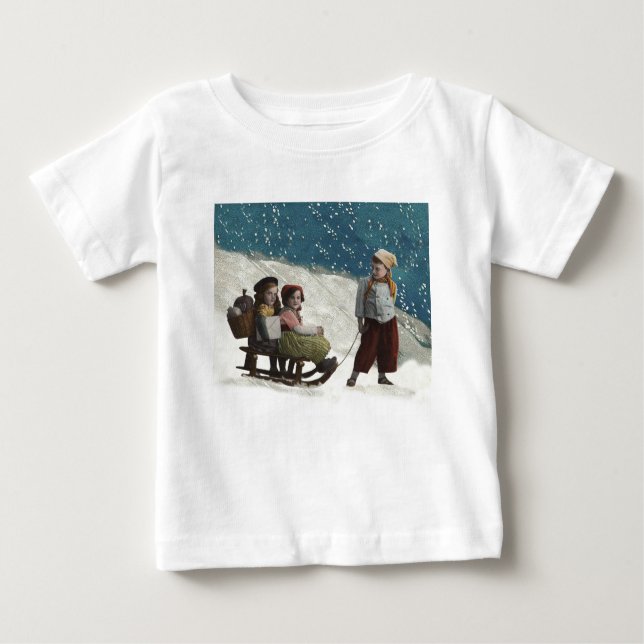 Camiseta Para Bebê Crianças Antigas Descendo de Trenó Natal Inverno (Frente)