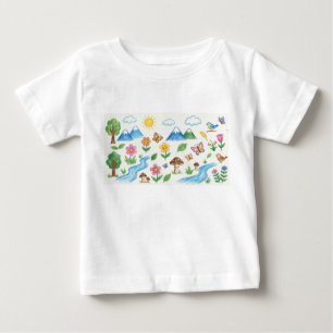 Camiseta Para Bebê crianças desenhando terra flor árvore giz de cera