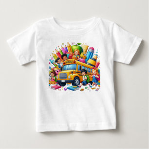 Camiseta Para Bebê Crianças e Ônibus Escolar Festa de Volta às Aulas