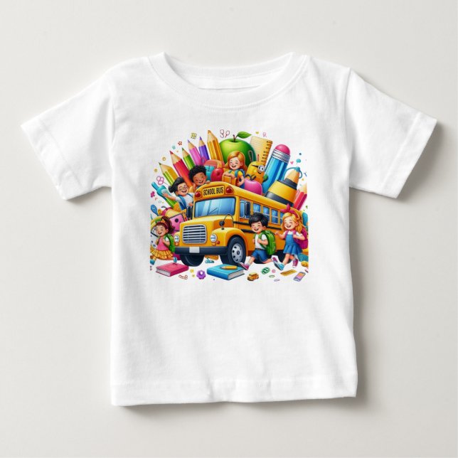 Camiseta Para Bebê Crianças e Ônibus Escolar Festa de Volta às Aulas (Frente)