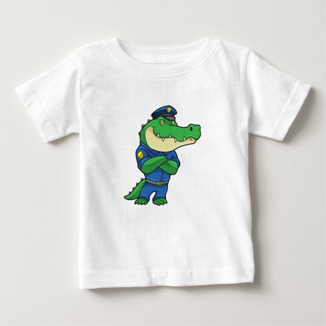 Camiseta Para Bebê Crocodilo como agente da polícia com uniforme (Frente)