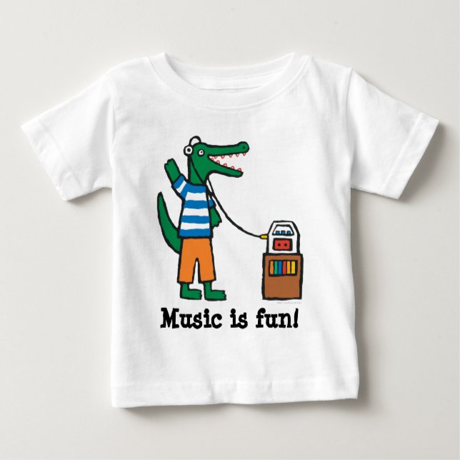 Camiseta Para Bebê Crocodilo legal escuta música (Frente)