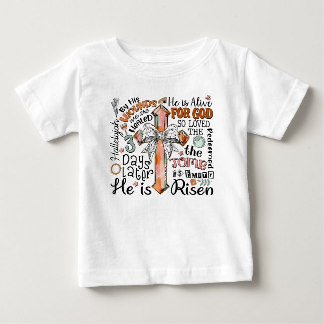 Camiseta Para Bebê Cruz da Páscoa Cristã Ele Ressuscitou (Frente)
