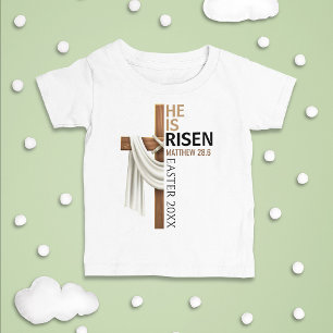 Camiseta Para Bebê Cruz de Páscoa Vintage Personalizada Ele Ressuscit