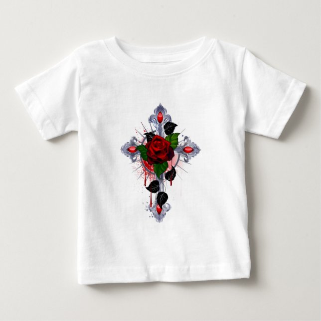 Camiseta Para Bebê Cruz de Prata com Rosa vermelha (Frente)