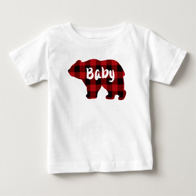 Camiseta Para Bebê Cué Bebê urso vermelho xadrez preto (Frente)