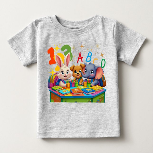 Camiseta Para Bebê Cuecas do jardim de infância - Amigos Animais ABC (Frente)