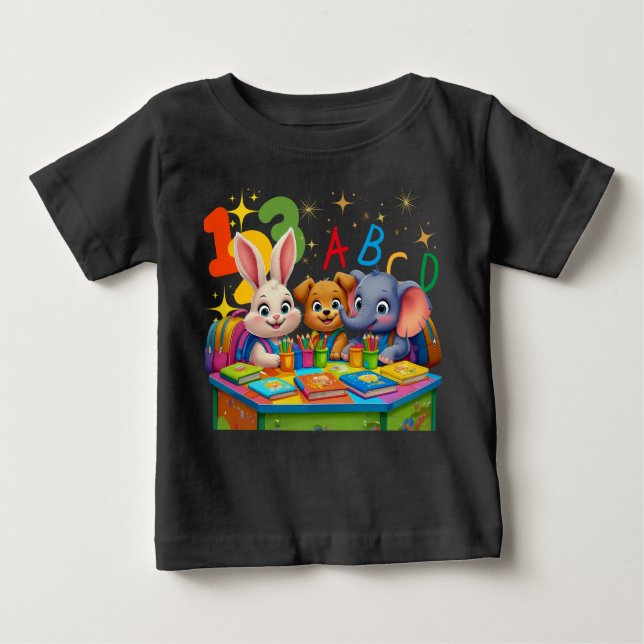 Camiseta Para Bebê Cuecas do jardim de infância - Amigos Animais ABC (Frente)