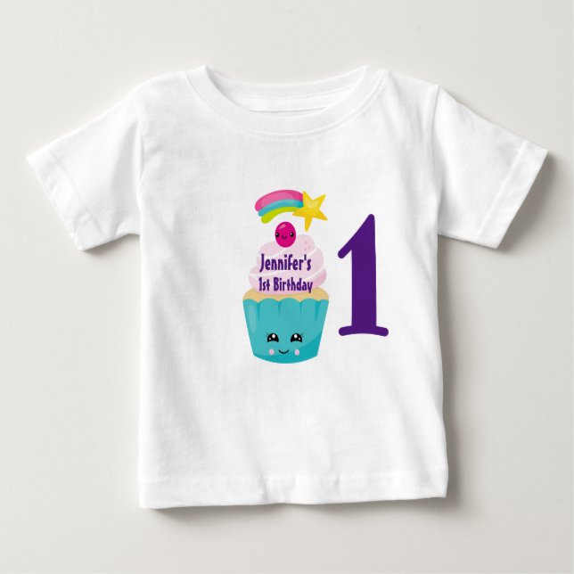 Camiseta Para Bebê Cupcake azul-bonito com primeiro aniversario Kawai (Frente)