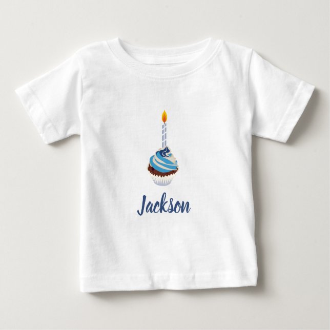Camiseta Para Bebê Cupcake Azul com Vela de Aniversário e Nome (Frente)