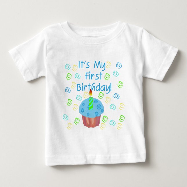 Camiseta Para Bebê Cupcake Azul com Vela Primeiro Aniversário (Frente)
