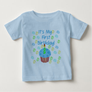 Camiseta Para Bebê Cupcake Azul com Vela Primeiro Aniversário