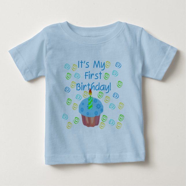 Camiseta Para Bebê Cupcake Azul com Vela Primeiro Aniversário (Frente)