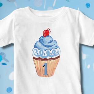 Camiseta Para Bebê Cupcake Azul primeiro aniversario