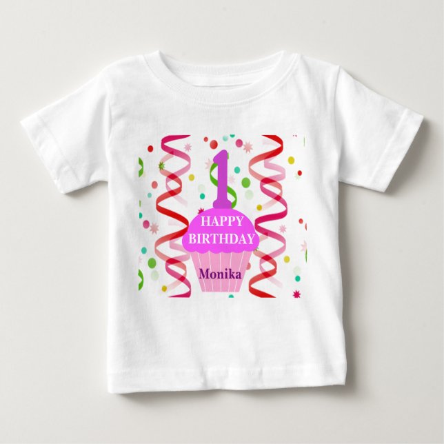 Camiseta Para Bebê Cupcake de Aniversário Feliz de Idade e Nome Perso (Frente)