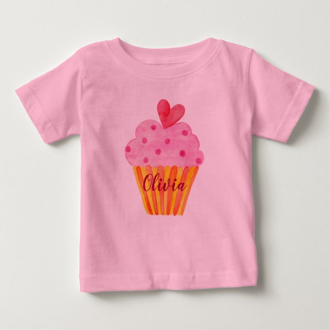 Camiseta Para Bebê Cupcake de aquarela rosa qualquer menina de aniver (Frente)
