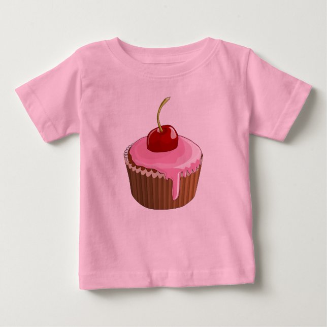 Camiseta Para Bebê Cupcake de Frosting Rosa Bonito com Cereja (Frente)