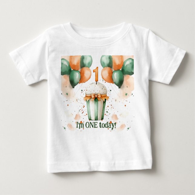 Camiseta Para Bebê Cupcake e ballons de primeiro aniversario de Cores (Frente)