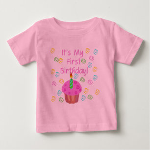 Camiseta Para Bebê Cupcake Rosa Com Vela Primeiro Aniversário