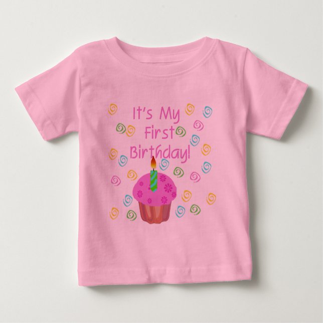 Camiseta Para Bebê Cupcake Rosa Com Vela Primeiro Aniversário (Frente)