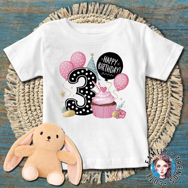 Camiseta Para Bebê cupcake rosa de 3º aniversário (Criador carregado)