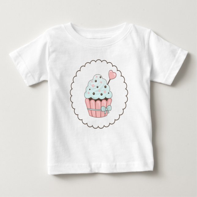 Camiseta Para Bebê Cupcake rosa- e Design azul-mint (Frente)