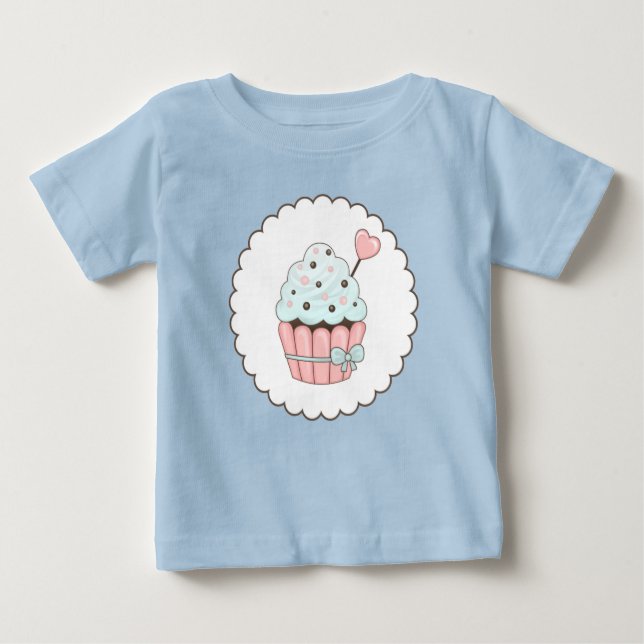 Camiseta Para Bebê Cupcake rosa- e Design azul-mint (Frente)