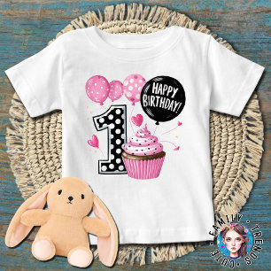 Camiseta Para Bebê Cupcake rosa primeiro aniversario
