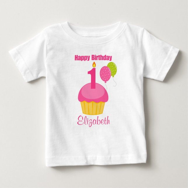 Camiseta Para Bebê Cupcake rosa primeiro aniversario (Frente)