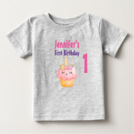 Camiseta Para Bebê Cupcake rosa Unicórnio com Rosas Aniversário