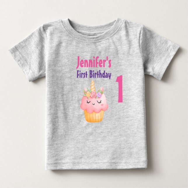 Camiseta Para Bebê Cupcake rosa Unicórnio com Rosas Aniversário (Frente)