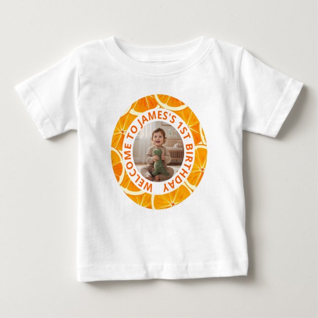 Camiseta Para Bebê Custom First Birthday T-Shirt with Photo (Frente)