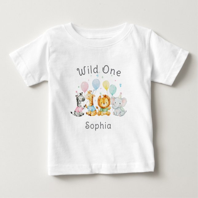 Camiseta Para Bebê Cute Baby Animals Wild One 1st Birthday (Frente)