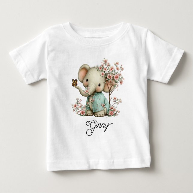 Camiseta Para Bebê Cute Baby Elephant in Cherry Blossoms (Frente)